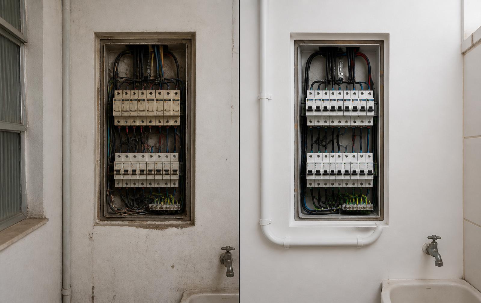 Revisão do quadro elétrico - comparação antes e depois