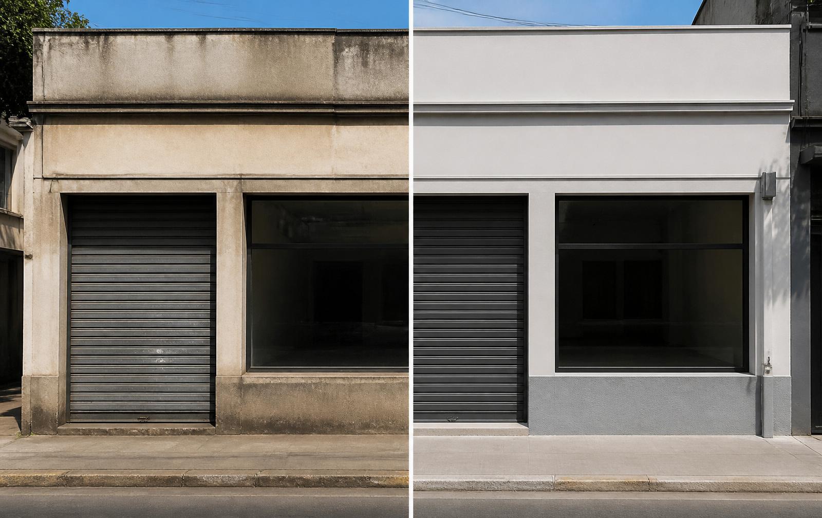 Pintura de fachada comercial - comparação antes e depois