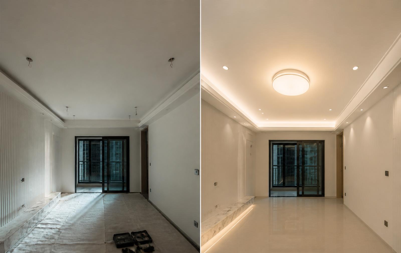 Instalação de luminárias no teto - comparação antes e depois