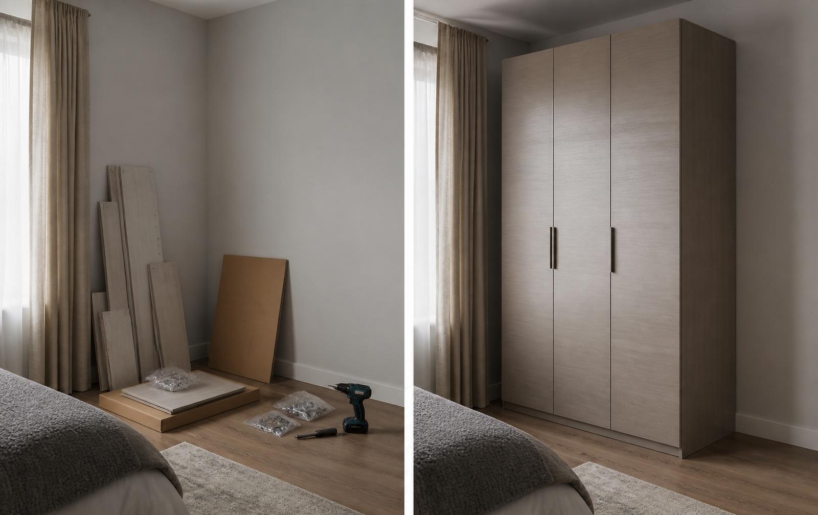 Montagem de guarda-roupa - comparação antes e depois