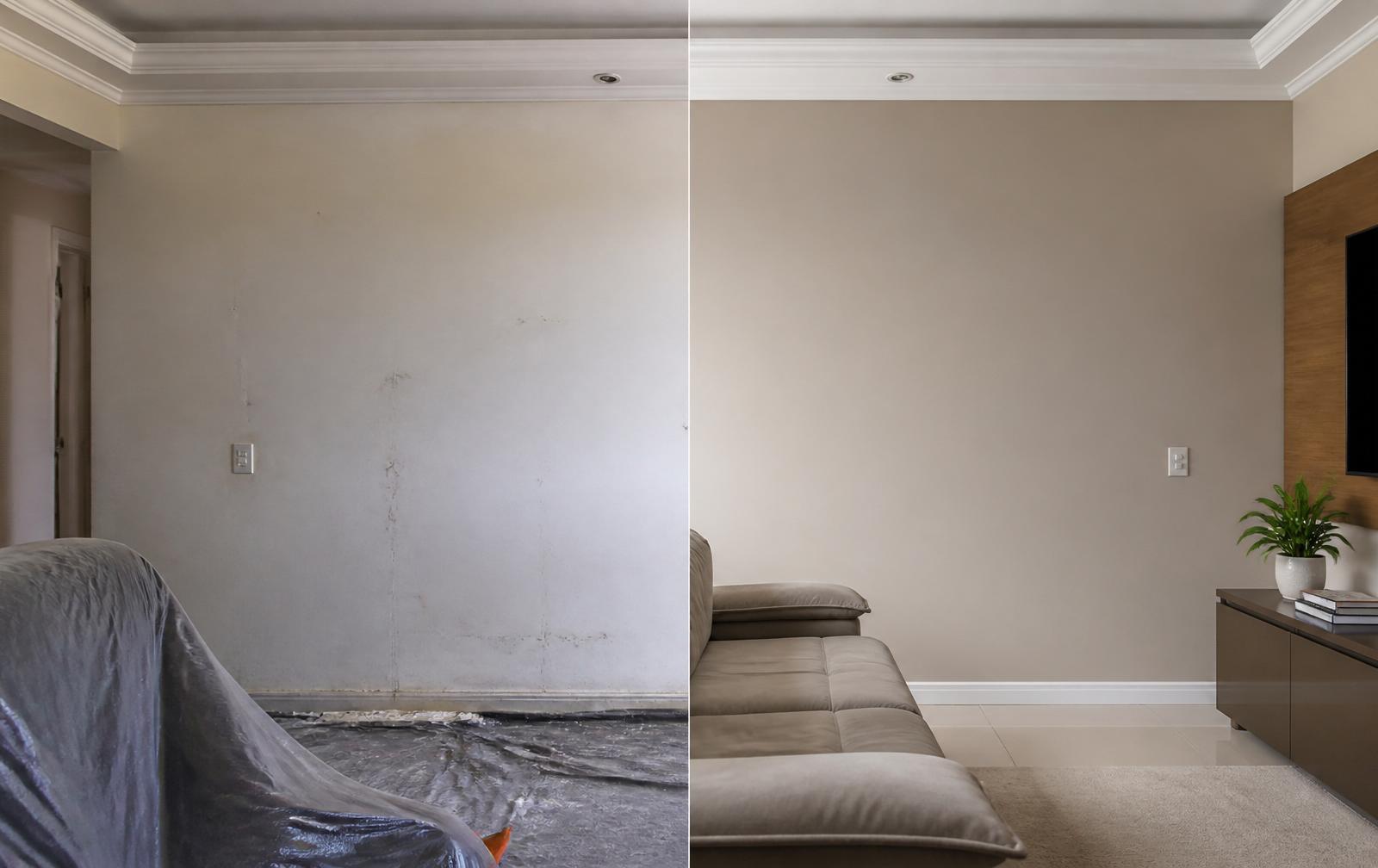 Renovação de parede da sala - comparação antes e depois