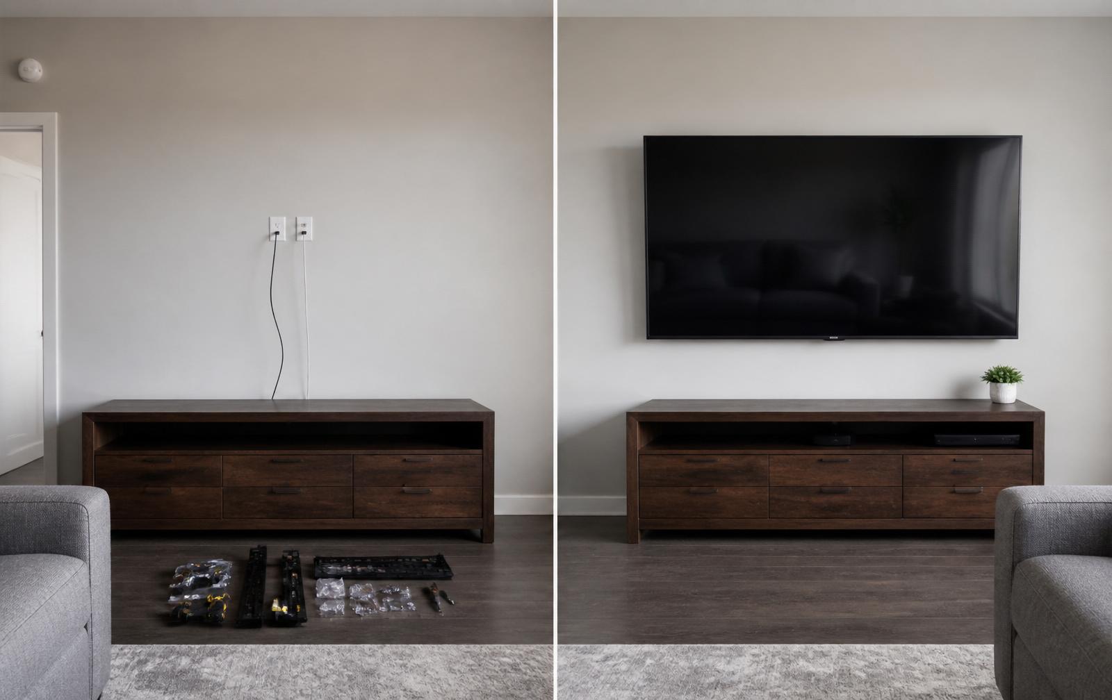 Instalação de suporte para TV - comparação antes e depois